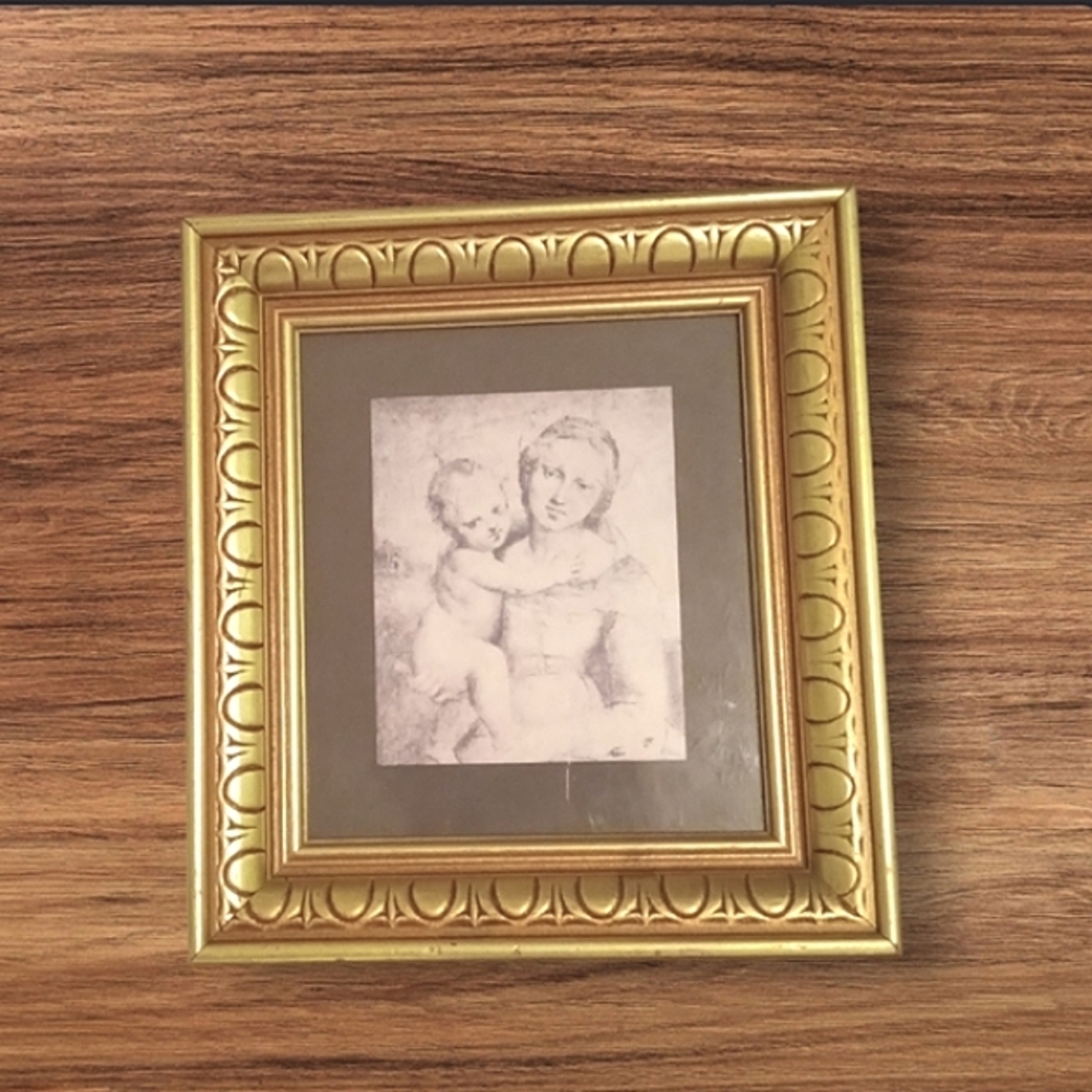 Mary And Jesus Mid-Century Print And Beautiful Golden Frame.